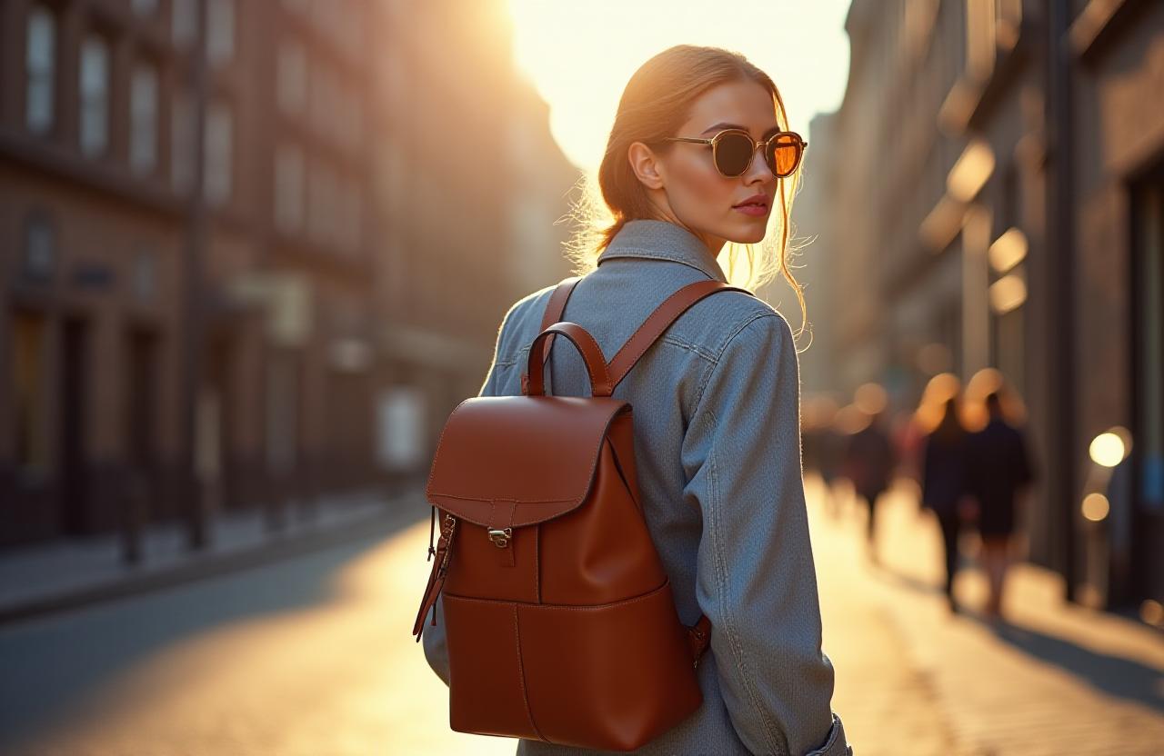 Model wearing premium leather backpack and gold-rimmed sunglasses