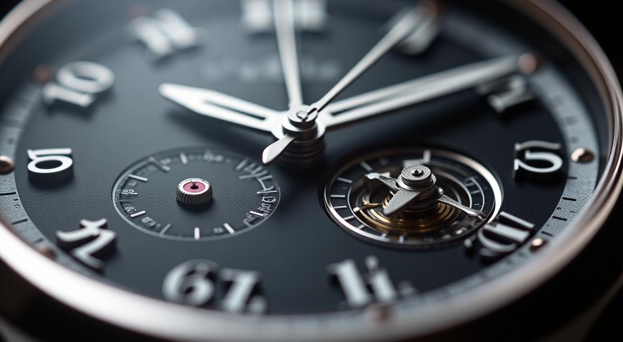 Macro shot of a polished luxury watch dial and movement